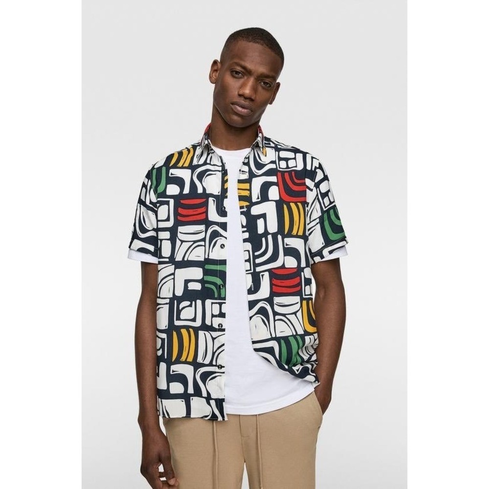 Zara Mens Abstract Geometric Print Short Sleeve Button Down Shirt Navy Multi M